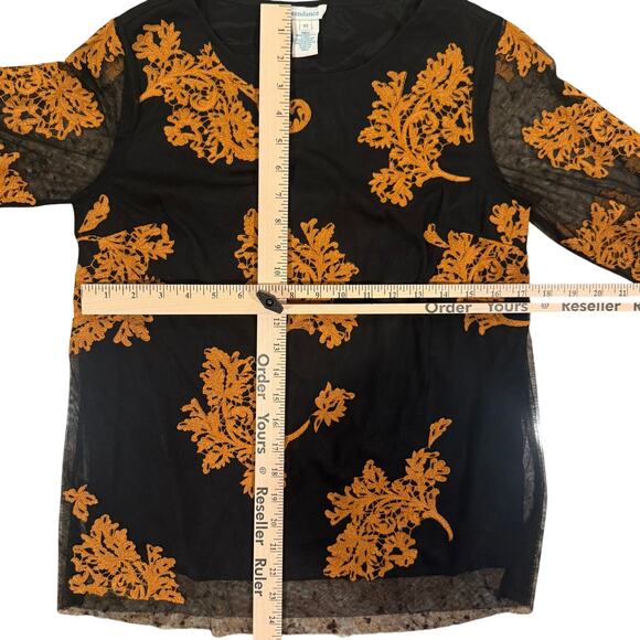 Sundance Black Mesh Blouse XS Burnt Orange Embroidered Floral Sheer Sleeve - Picture 8 of 9